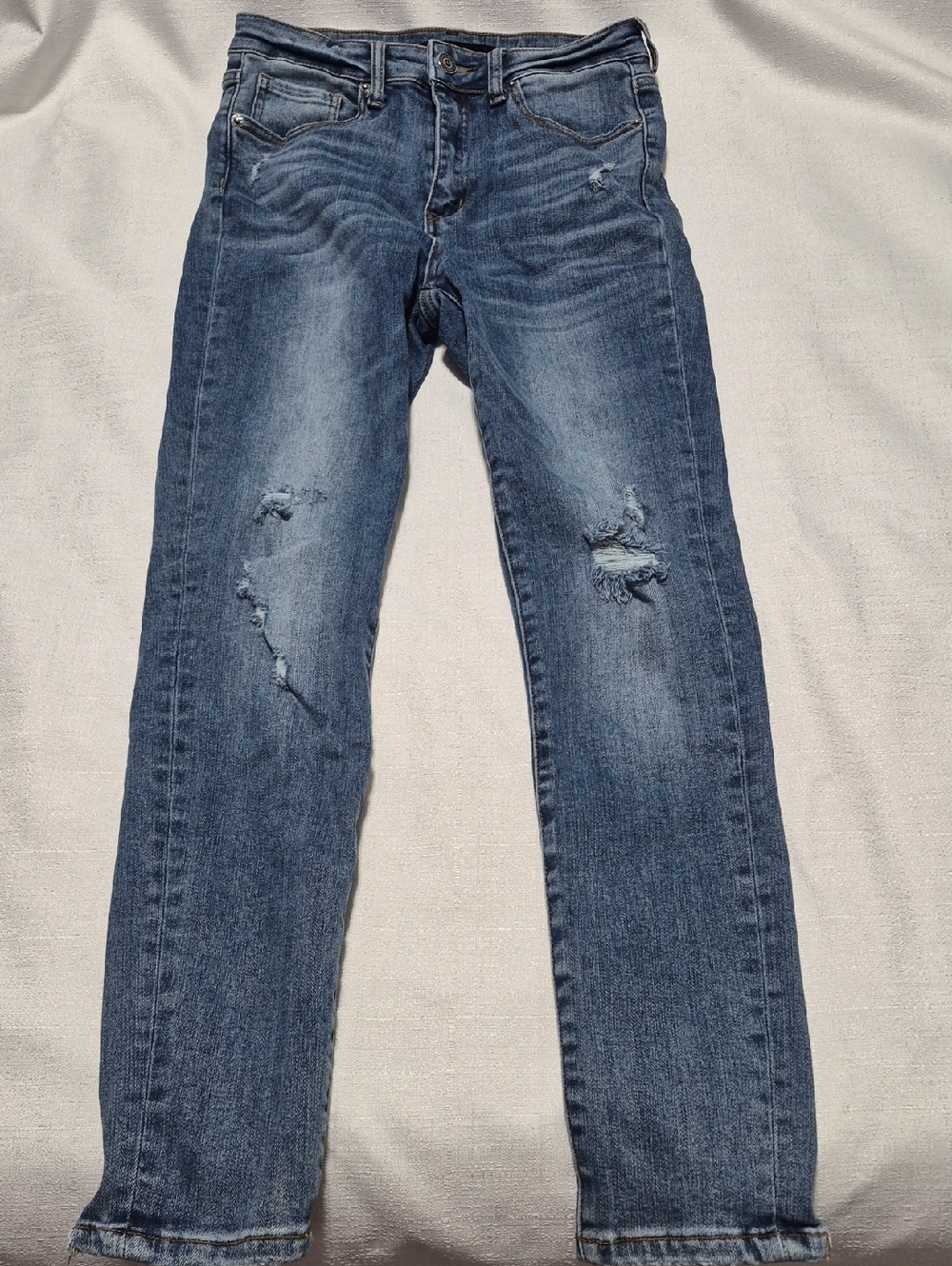 Risen High Rise Distressed Vintage Washed Blue Denim Skinny Jeans Women Size 27
